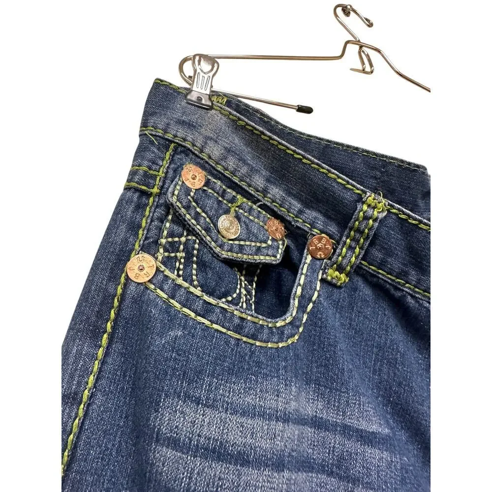 Authentic True Religion Mens Jeans Green Stitch y2k Medium Wash Size 40 FLAWED